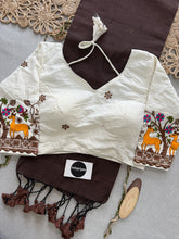 Brown Handloom Cotton Saree With Embrodery Work Redy Made Blouse